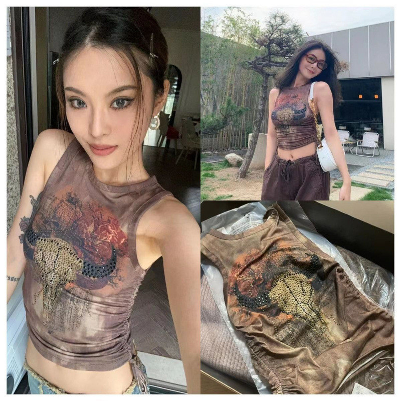 Ống Hút London Vuông Tròn lris Cùng Phong Cách Bò Đính Hạt Cà Vạt-Dye Hot Girl Gợi Cảm Slim-fit Dây 