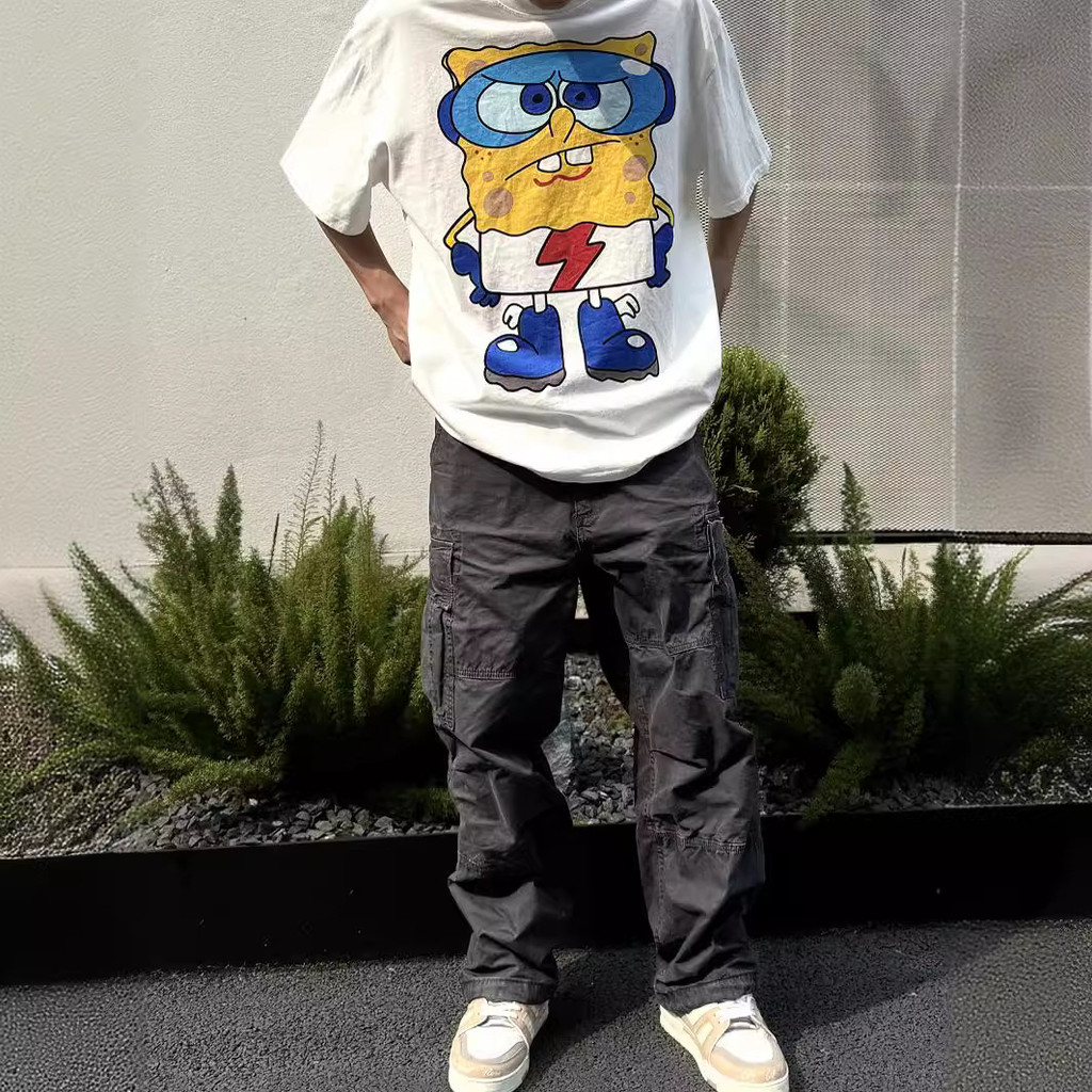 U30A Vintage VINTAGE SpongeBob Unisex Couple's Round Neck Pure Cotton Loose Short Sleeve T-Shirt T T
