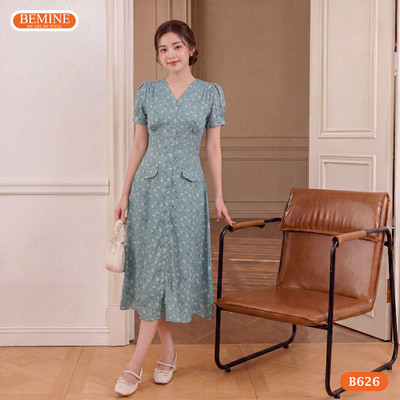 Đầm thiết kế BEMINE cổ V nắp túi giả dáng chữ A phù hợp đi chơi-B626