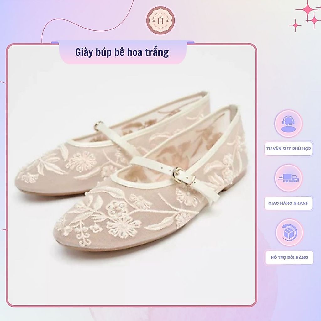 HC (lùi 1 sz-sẵn) Giày búp bê hoa trắng fullbox HC