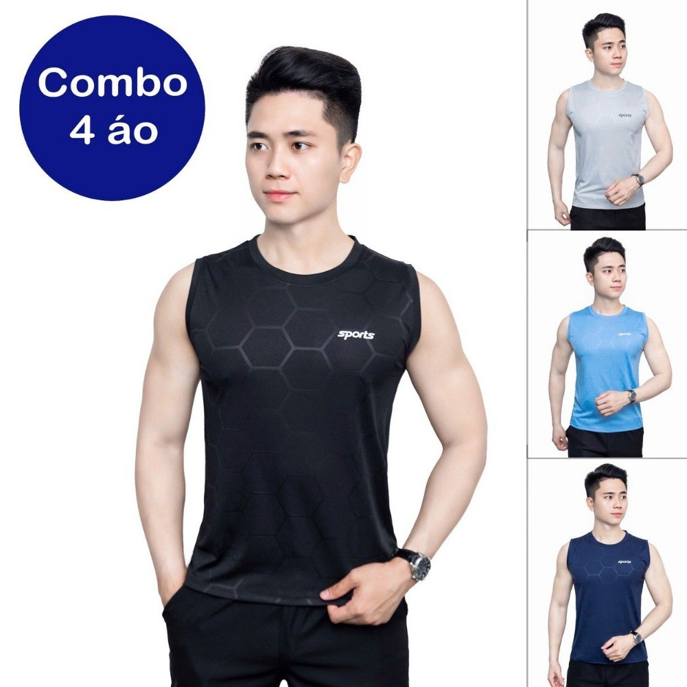 Set 4 Áo Thun Tanktop Thể Thao Nam Tập Gym Chạy Bộ | Áo Ba Lỗ Vải Thun Co Giãn Thoáng Mát Thấm Hút M
