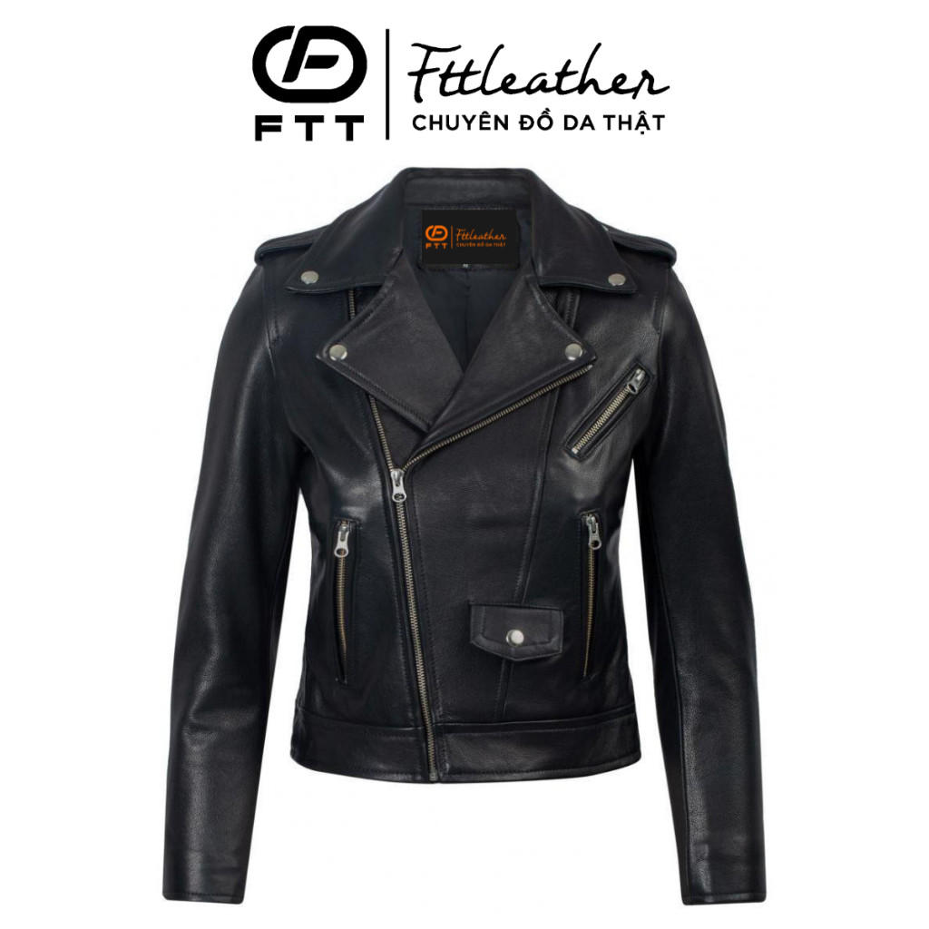 Áo Khoác Da Thật Nữ FTTLeather Biker Jacket, Áo Da Thật Chất Liệu Da Cừu Croptop Ôm Body AN302
