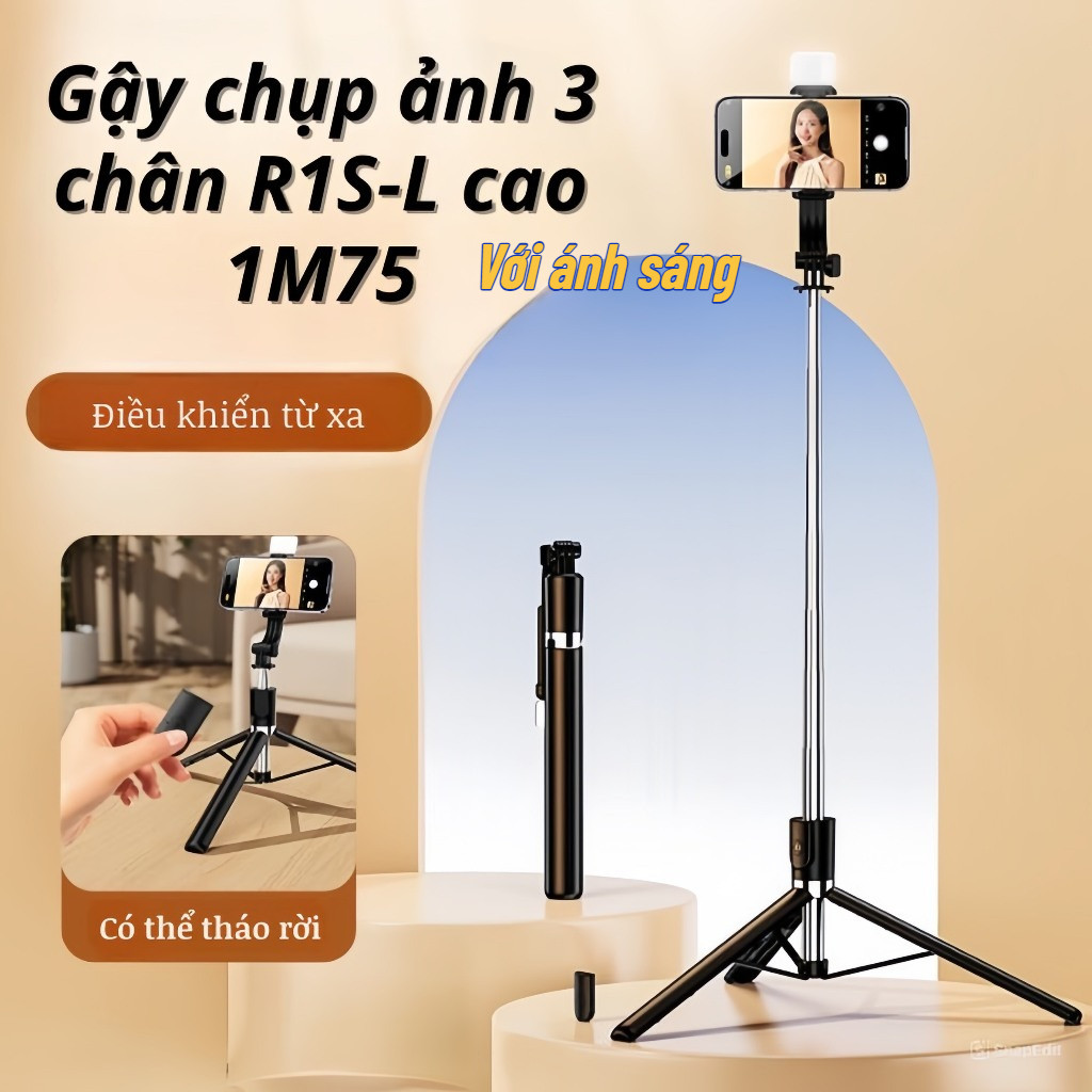 Gậy chụp ảnh 3 chân R1S-L cao 1m75,Gậy selfie chụp hình, tự sướng có điều khiển từ xa kèm đèn trợ sá