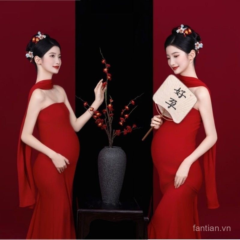 New Style Maternity Photoshoot New Chinese Style Retro Red Strapless Dress Photography Costume