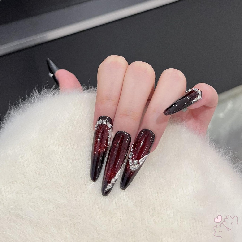 Red Cat Eye Press On Nails Handmade Zirconium Nail Art với đầu móng tay có thể tháo rời cho phụ nữ