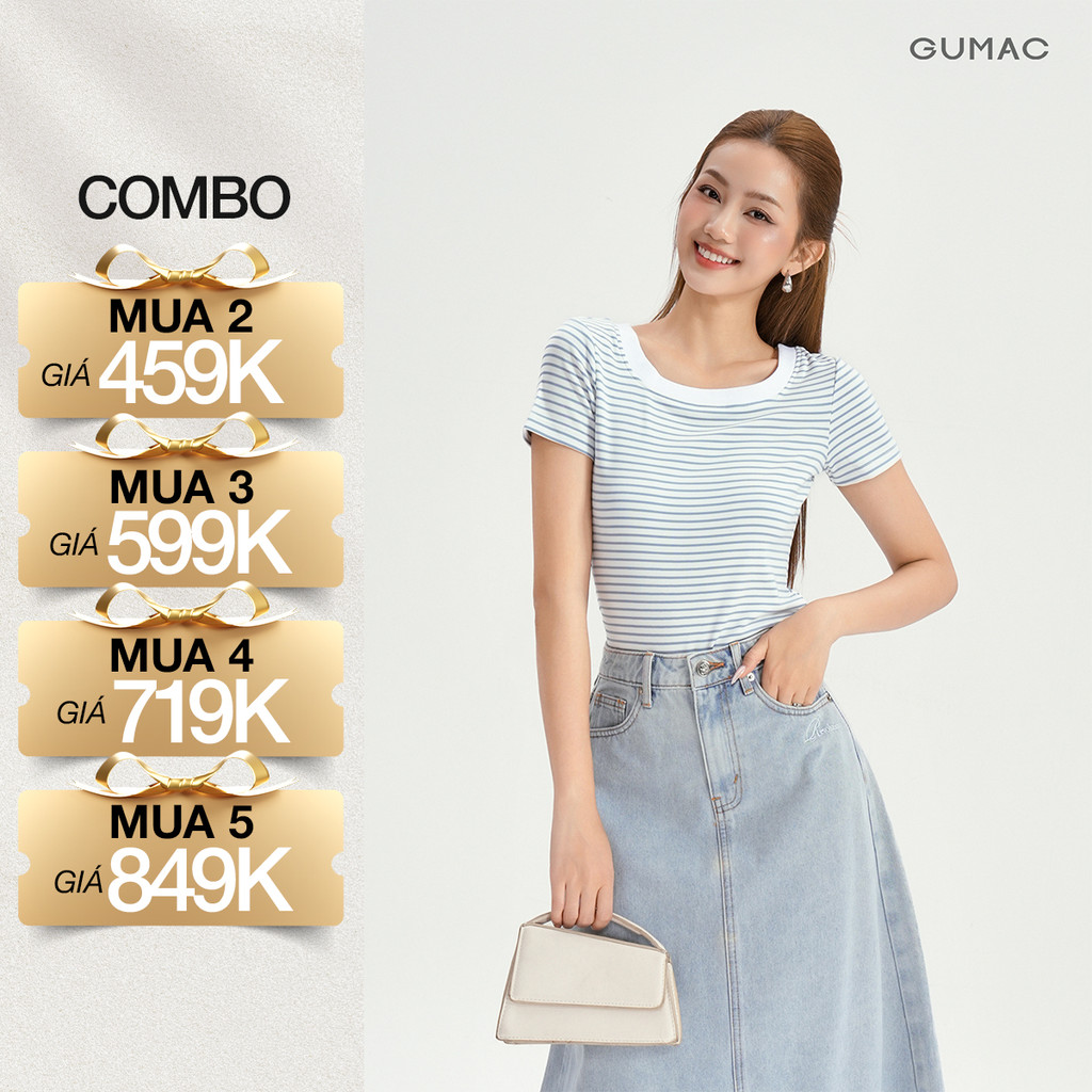 Áo Thun Cổ Vuông Nữ GUMAC Áo Phông Kẻ Sọc Ngang Dáng Ôm Chất Thun Gân Co Giãn LATG0407 | BigBuy360 - bigbuy360.vn