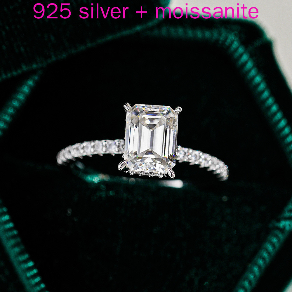 S925 Bạc Moissanite Nhẫn Nữ Hình Chữ Nhật Hình Chữ Nhật Ngọc Lục Bảo Cắt Moissanite Nhẫn 1 Carat Nữ 