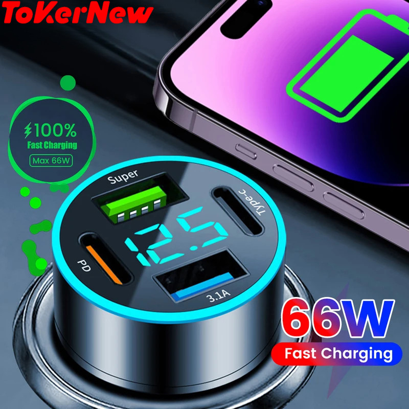 4 Ports 66W USB Car Charger Super Fast Charging Car Phone Charger Type C QC3.0 PD Car Chargers for A