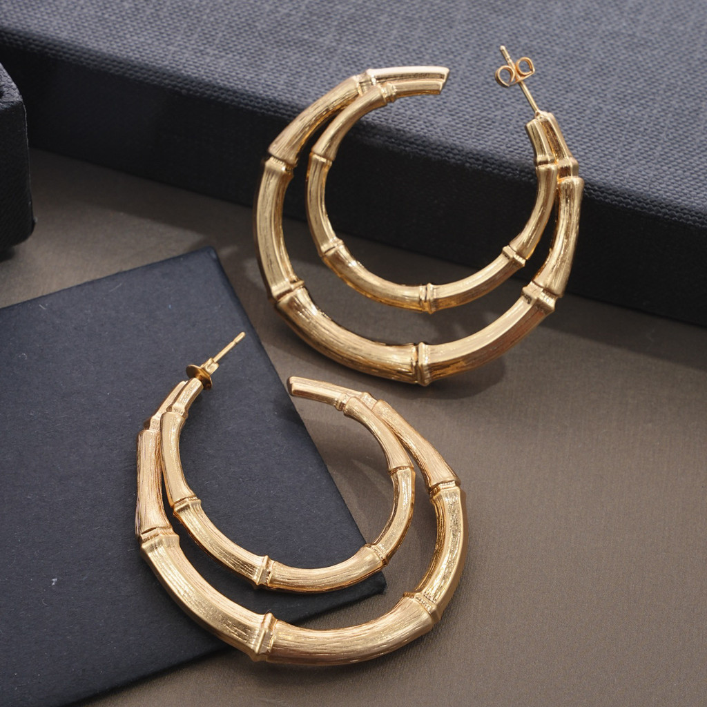 DMPI slp Elegant and simple large hoop earrings with gold double curved bamboo design