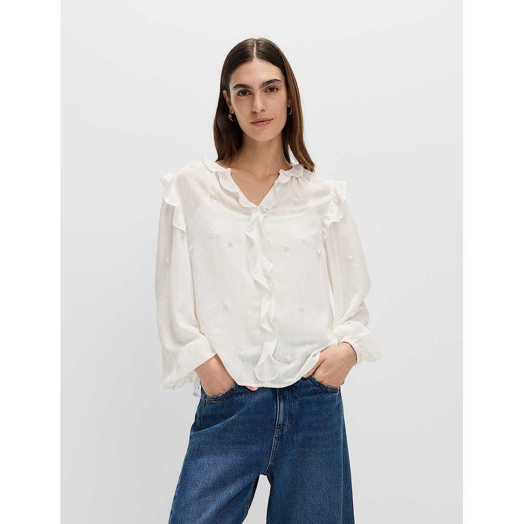 M&S - Embellished V-Neck Ruffle Long Sleeve Blouse - IVORY