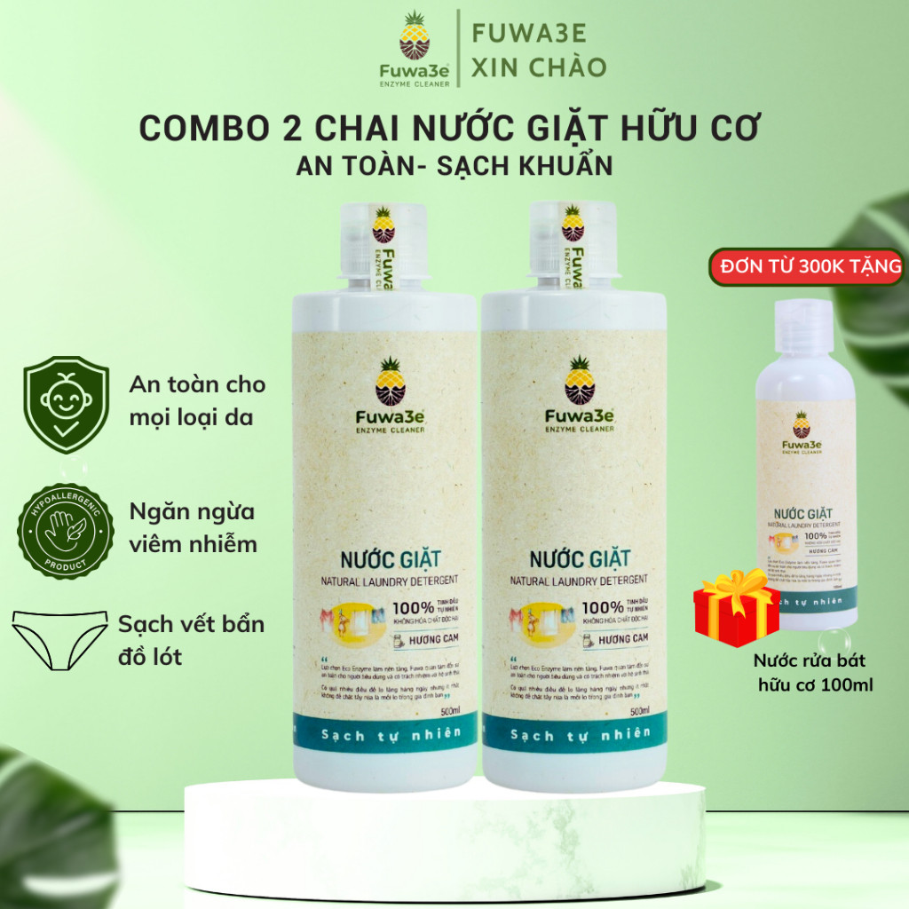 Combo 2 chai nước giặt hữu cơ Fuwa3e Nước Giặt Đồ Lót, Đồ Trẻ Em, Hữu Cơ FUWA3E Eco-Enzyme Hương Cam