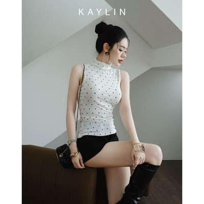 Áo kiểu KAYLIN cổ lọ chấm bi chất vải thun lưới mỏng nhẹ phong cách BST Hè - N2484