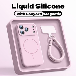  Vỏ mới sang trọng Ốp điện thoại mềm silicon mờ có dây buộc cho iPhone 17 16 15 14 13 12 Pro Max plus hộp đựng khí silicone màu hồng từ tính chống sốc dây đeo 17pro 