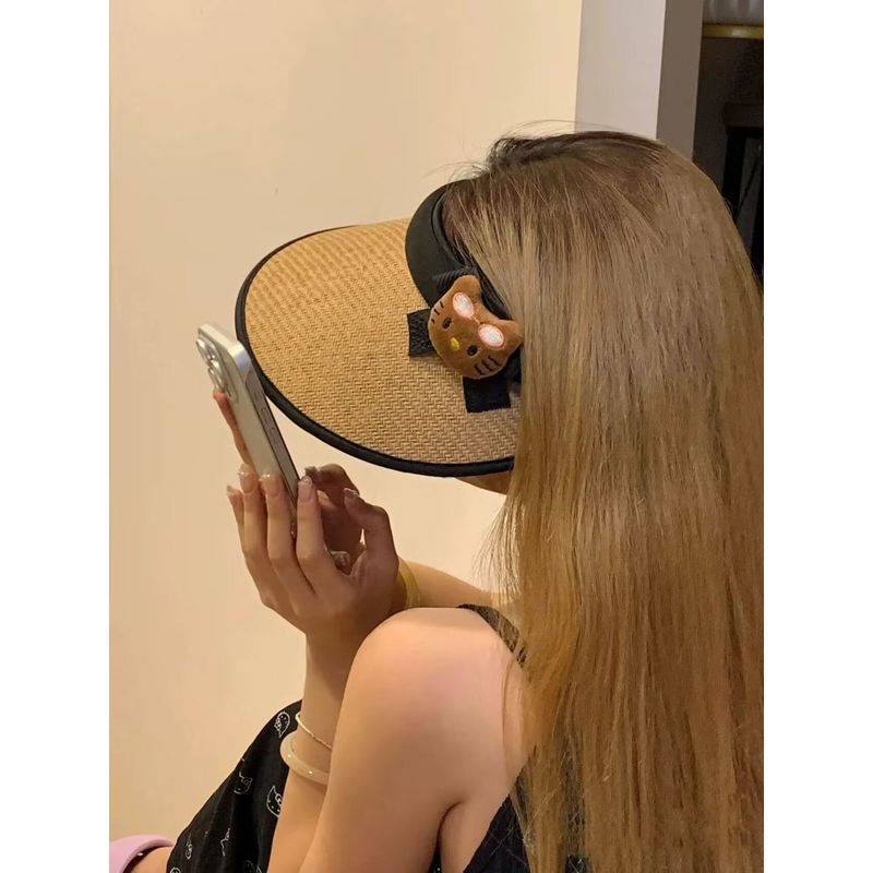 KT Rơm Mũ Chống Nắng Mũ Chống Nắng Tấm Che Mùa Hè Tia Cực Tím Lớn Rỗng Top Mũ Rơm Mũ Chống Nắng