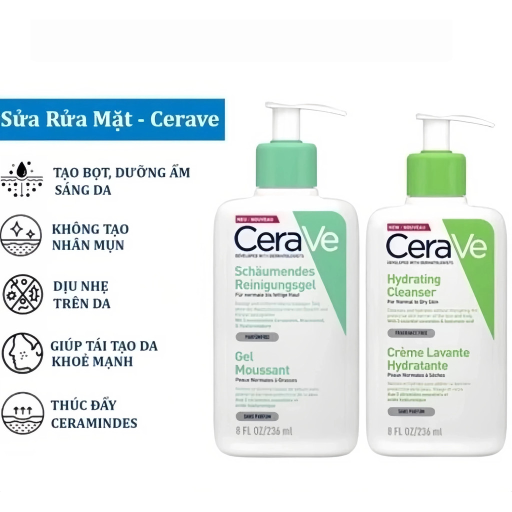 Sữa Rửa Mặt CeraVe Foaming Cleanser 236ml  Cho Da Dầu, Da Khô, Nhạy Cảm 236ml Mới