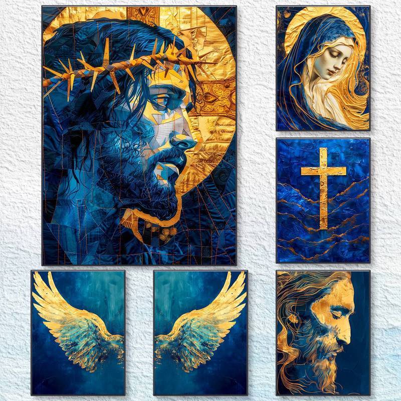 Bộ nghệ thuật treo tường vải Christian màu xanh và vàng Chúa Giêsu Mary Cross Angel Wing Poster tôn 