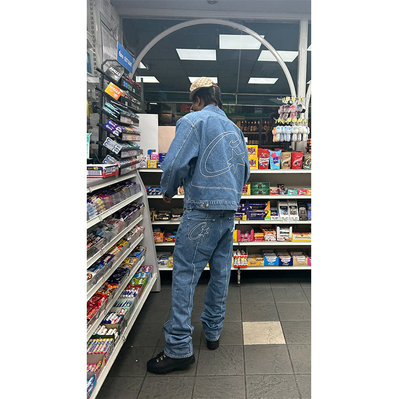 RP6D Special Offer！Corteiz Popular American retro hip-hop embroidered star jeans for men, loose stra