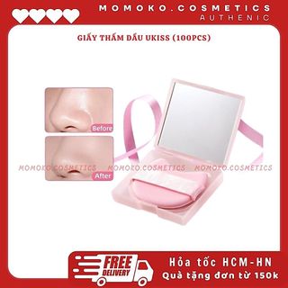 UKISS giấy thấm dầu hoa hồng hương thơm đi kèm với gương + Puff hộp di động Set (100 pcs giấy/hộp)