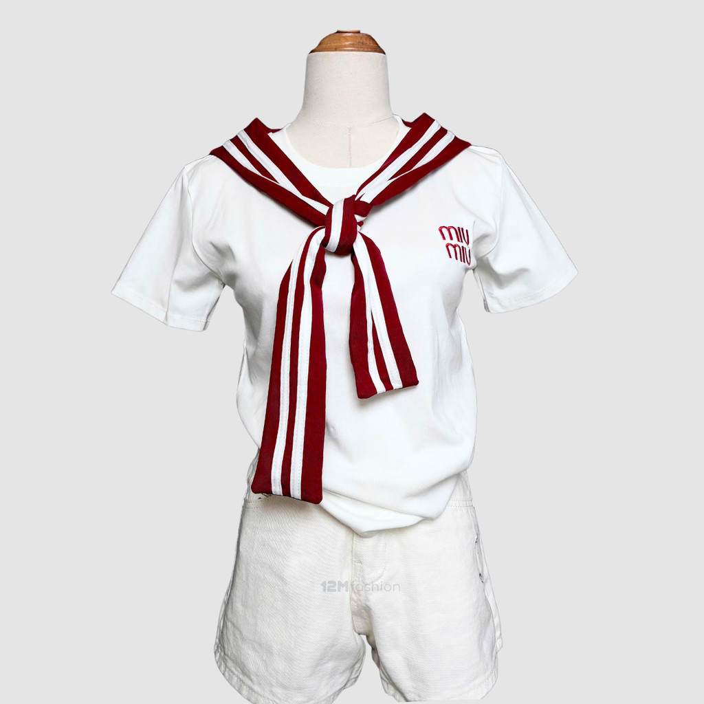Áo thun tay ngắn thêu miumiu kèm khăn choàng sọc_Set áo thun khăn choàng_12M fashion