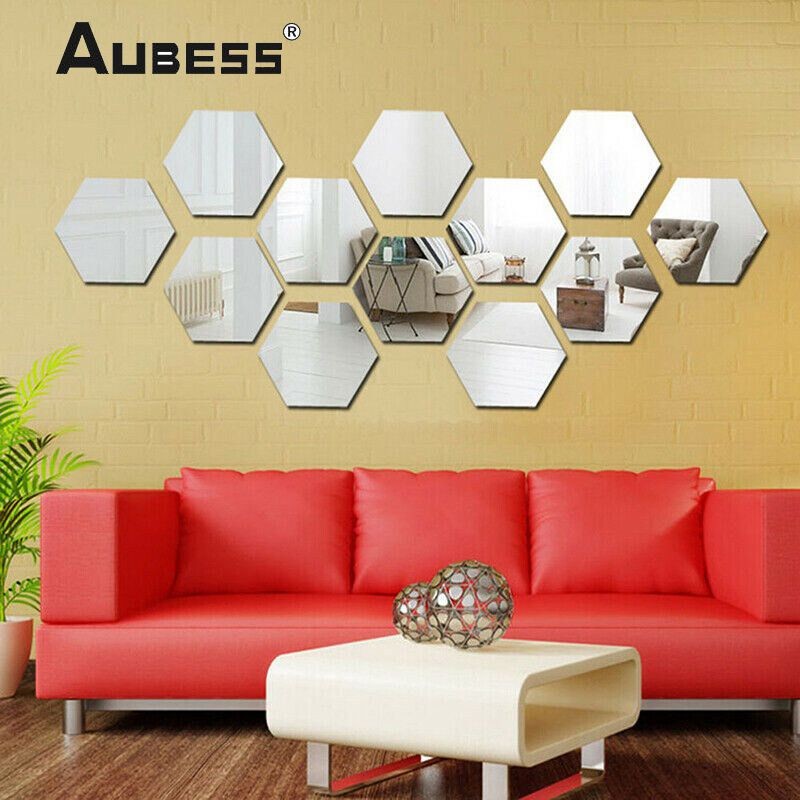 Yomto Hexagon Restaurant Wall Sticker Three-dimensional Mirror 12 Pieces Personalized Mirror Decorat
