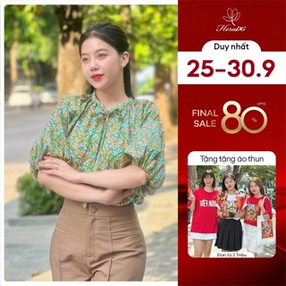 Áo sơ mi nữ ngắn tay họa tiết hoa nhí HeraDG thiết kế cổ tròn buộc dây nơ, vai trễ tay bồng nhẹ trẻ trung SACBC6064