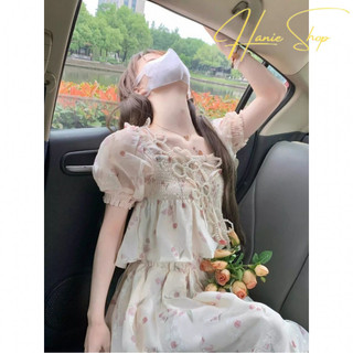 {Hannie-Oder}Váy Viền Bèo Ngắn Tay Viền Bèo Xếp Ly, Áo Hoa Nhỏ Ngọt Ngào Nhẹ Nhàng Mùa Hè, Bộ Váy Nữ