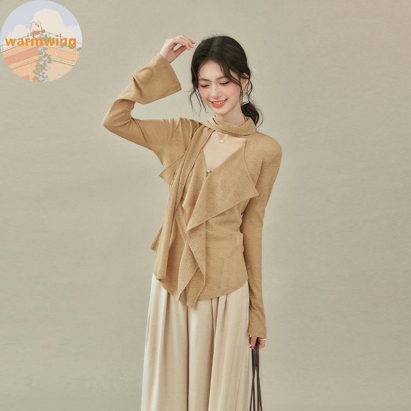 Ao thun dài tay nữ Winter 2025, cổ chữ V, ribbon, dáng slim fit, thời trang