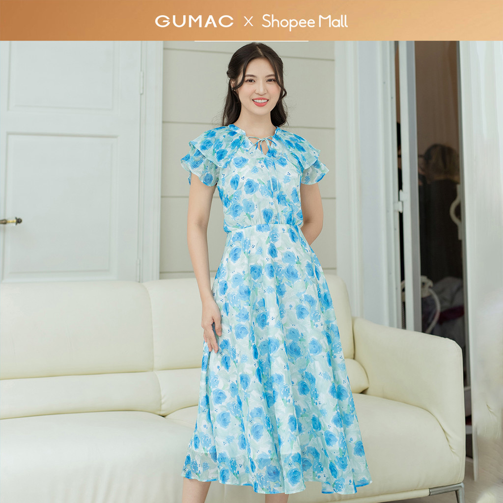 Đầm nữ GUMAC A xòe cổ xẻ V phối bèo dập ly họa tiết hoa vải tơ mềm nhẹ  DD08060