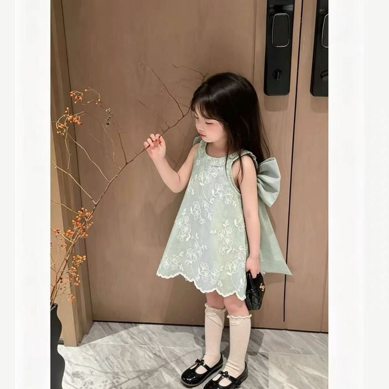 2026 Mori Green Elf Girl Đầm Nơ Lớn Mùa Hè Ren Đầm Công Chúa