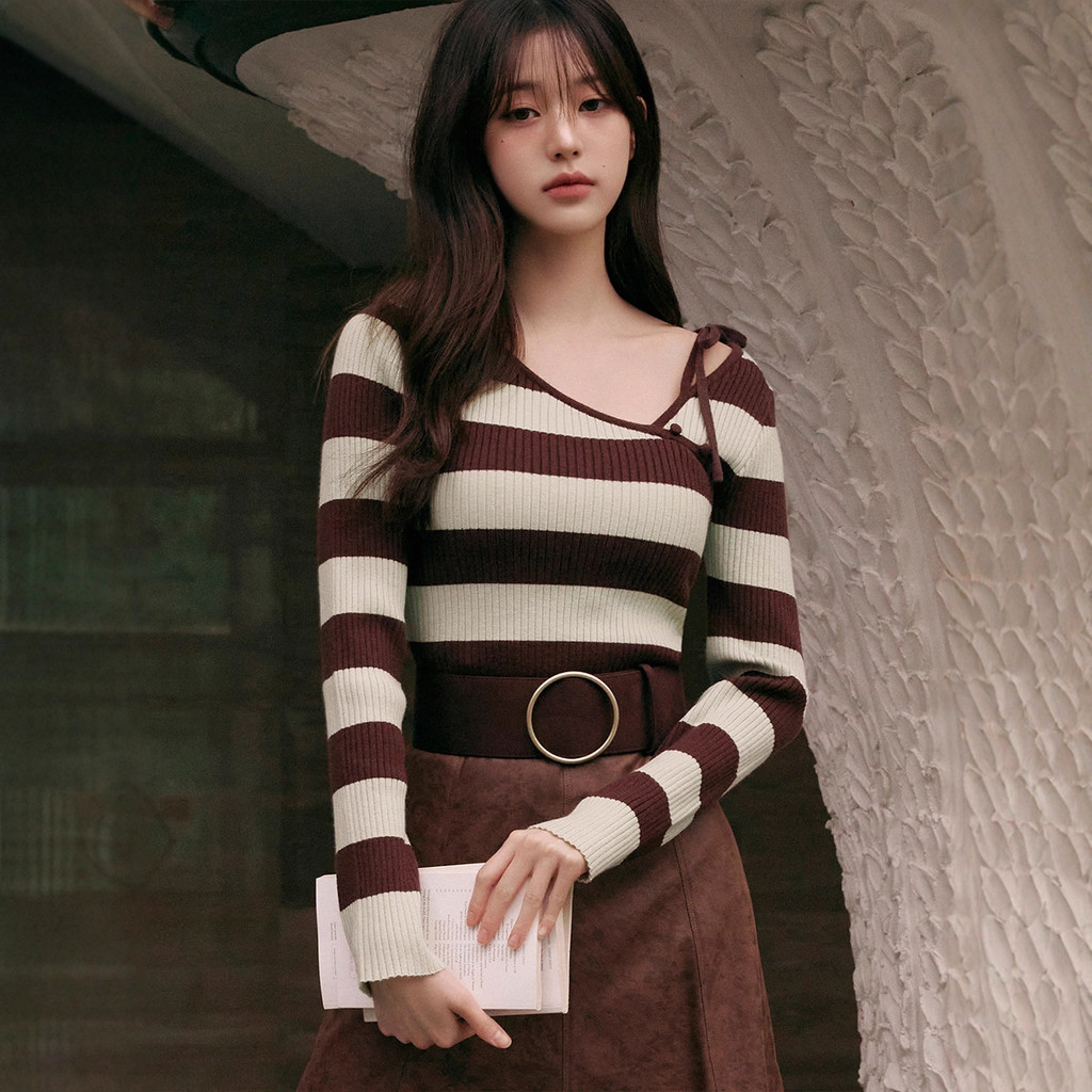 IIQQ Jang Won-young's same style from Korea ROLAROLA Striped irregular collar slim-fit knit long-sle