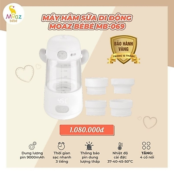 Máy hâm sữa di động không dây MB069 Moaz Bébé MB-069 và Nhiệt ẩm kế MB027 - An toàn cho Mẹ và Bé, bả