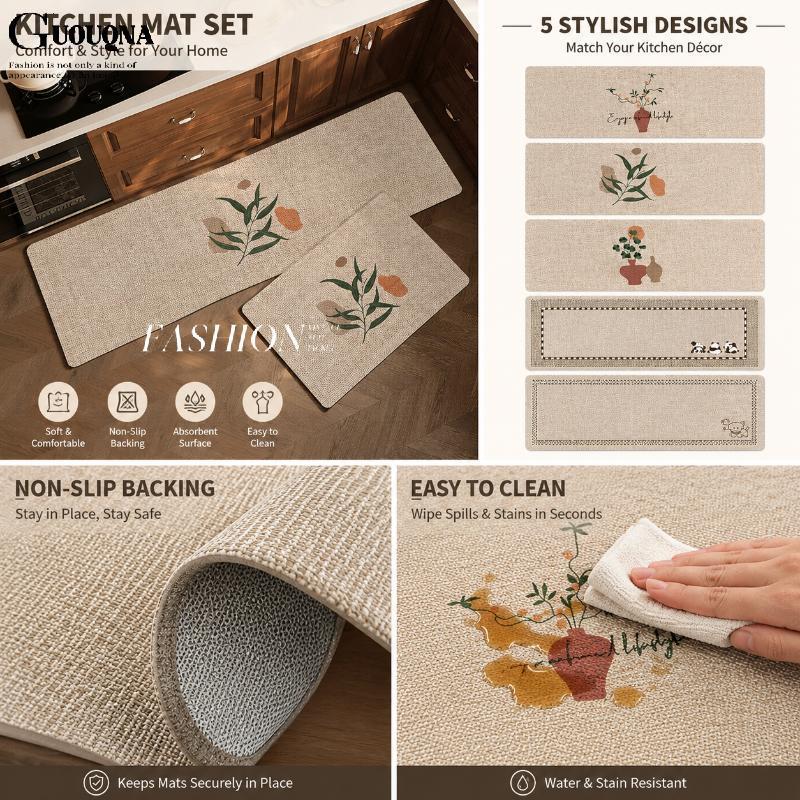 GUOUQNA 2 Mảnh Vải Lanh Họa Tiết Thảm Sàn Nhà Bếp Bộ Chống Trơn Trượt Chống Thấm Nước Baing Thảm Tối Giản Cho Phòng Bếp Cửa Vào Trang Trí Nhà BASL
