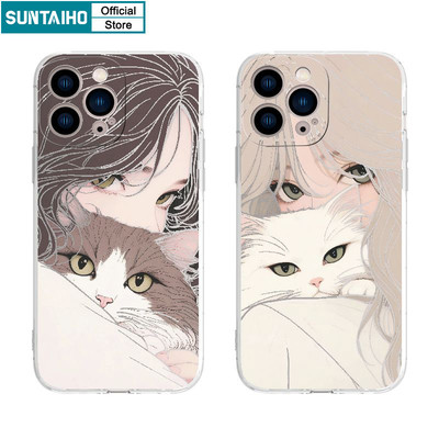 Ốp Điện Thoại Suntaiho Nghệ Thuật Cô Gái Mèo Minh Họa Trong Suốt Mềm Cao Cấp Chống Sốc Cho iPhone 11 12 13 14 15 16 Pro Max IP 7 8 Plus Iphon X XS XR Xs max