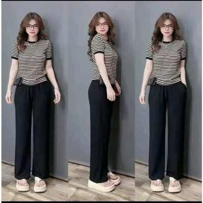 Set Bộ Bigsize Nữ Áo Thun Kẻ Sọc Ngang Kèm Quần Ống Rộng Cho Chubby 55-92kg A285 Q564
