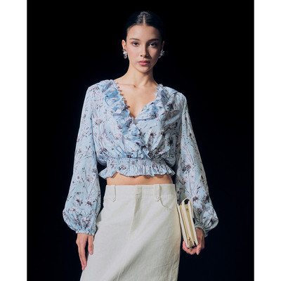 GIGI - Áo kiểu nữ cổ V tay dài phom croptop phối hoạ tiết hoa_G1201T241265-28