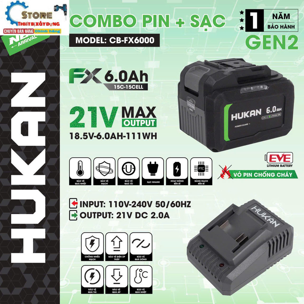Pin Máy Khoan 15cell - Dòng xã cao  HUKAN CB- FX6000  , Dung Lượng 6Ah Store thiết bị HUKAN