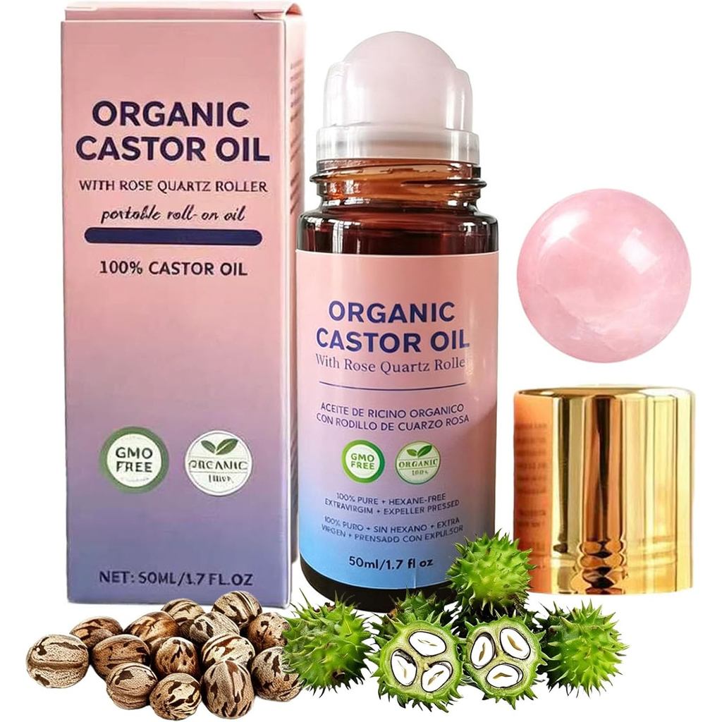 OrganicCastorOilwithRoseQuartzRollerBall, 100% CastorOilOrganicColdPressedforHair, Face & BodyMistur