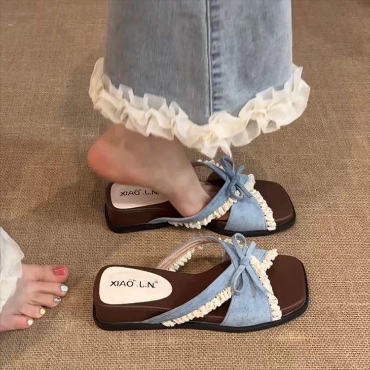 TQ~Sweet bow-tie slip-on sandals for women to wear in summer2026New style outdoor wedge-heeled heigh
