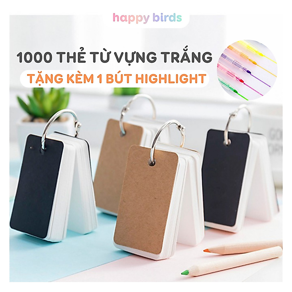 Flashcard Combo 1000 thẻ flashcard trắng đen kèm khoen thẻ học từ vựng ghi từ mới hỗ thợ học tiếng A