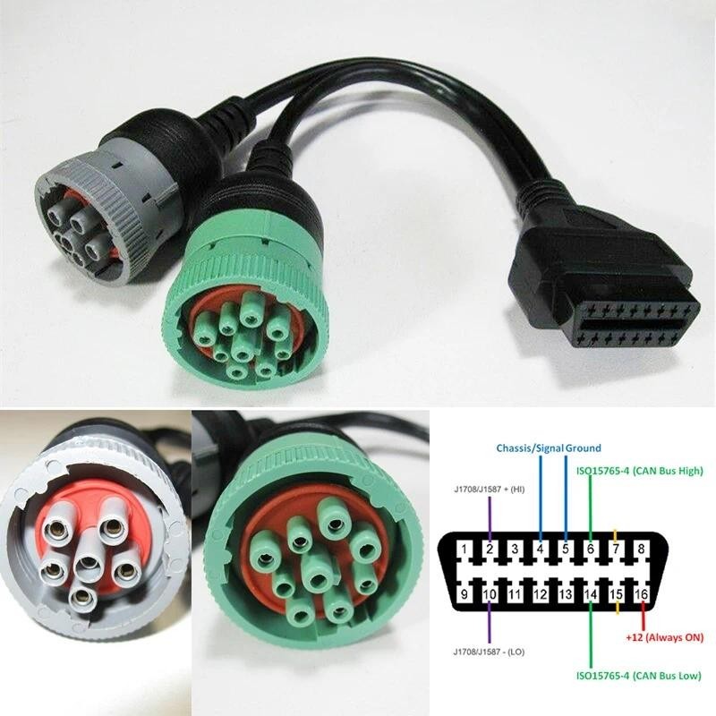 6 Pin J1708 hoặc 9 Pin J1939 đến 16 Pin OBD2 OBDII Cáp Chuyển Đổi Hạng Nặng Xe Tải Phụ Kiện