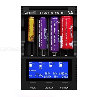Sạc nhanh đa năng VAPCELL S4 Plus V3 đa chức năng tương thích nhiều loại pin AAA AA 16340 14500 18350 18650 21700