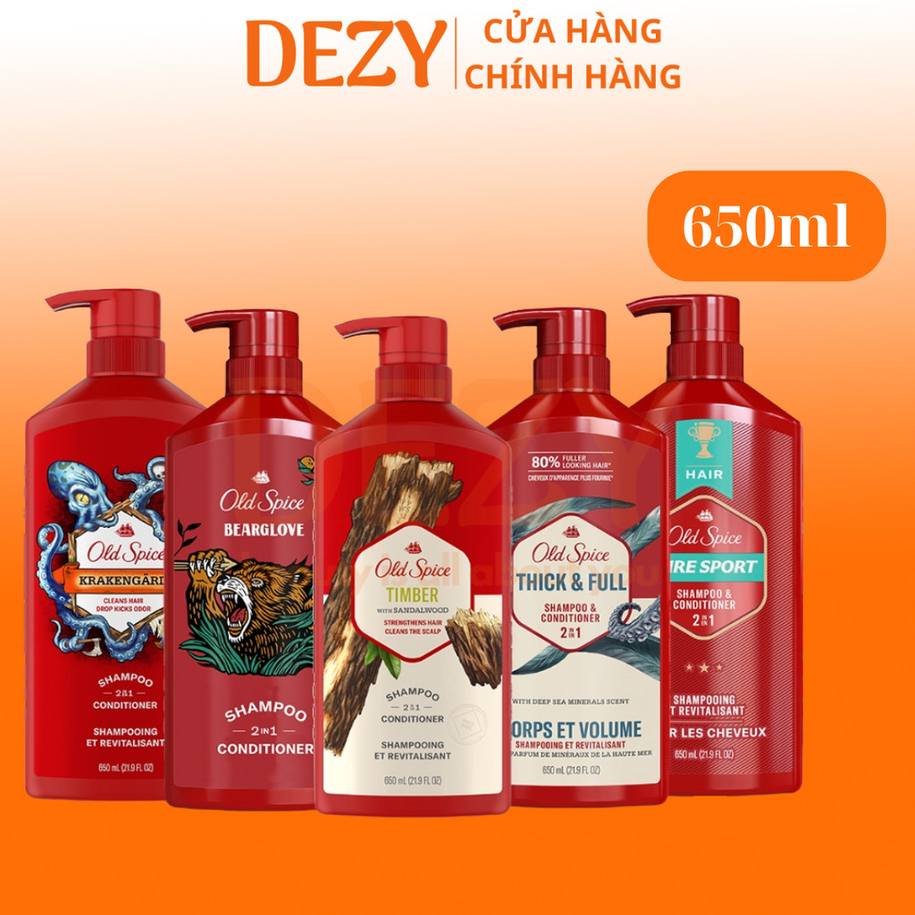 Dầu Gội Xả 2in1 Old Spice 650ml Chính Hãng Mỹ Thick & Full Pure Sport Và Bearglove Hương Nước Hoa Dưỡng Chắc Khỏe Dezy