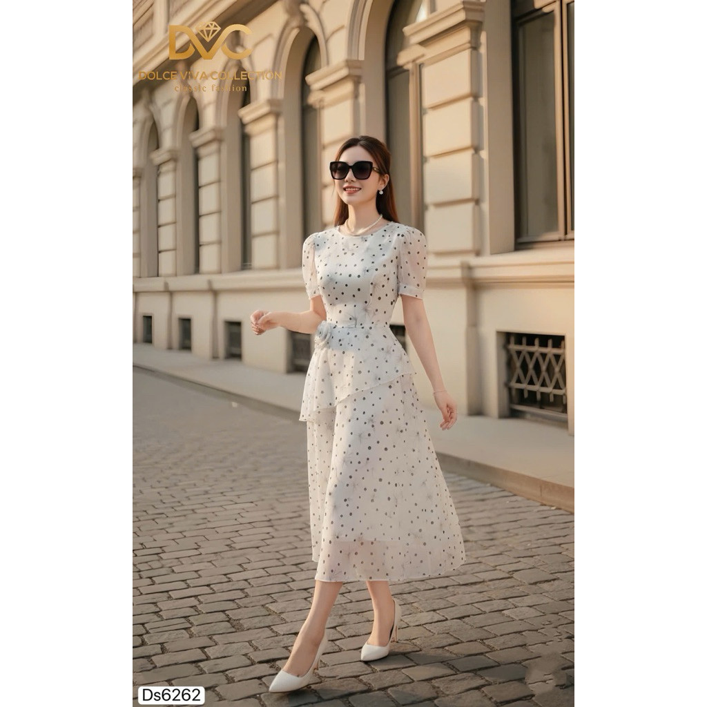 (Váy/Đầm Chính Hãng DVC) Ds6262 Thiết kế chấm bi đính hoa eo thủ công, peplum che bụng tôn dáng