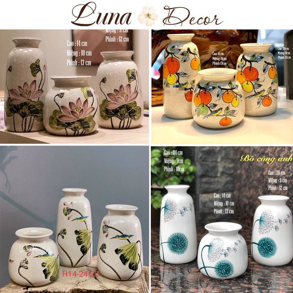Bộ bình gốm 3 Lọ hoa gốm sứ vẽ tay men lạnh - Gốm bát tràng Yumi Shop YM215