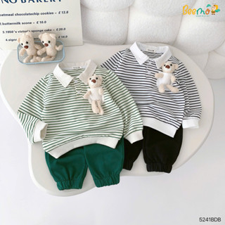  Bộ Quần Áo Dài Tay Bé Trai BEEMO Mặc Thu Đông Họa Tiết Kẻ Sọc Hàn Quốc Có Kèm Gấu Bông Cho Bé 5241BDB 