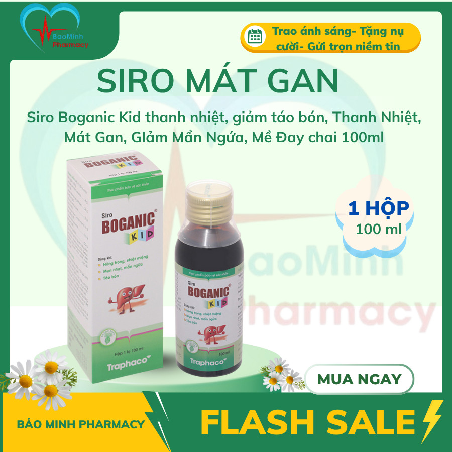 Siro Boganic Kid thanh nhiệt, giảm táo bón, Thanh Nhiệt, Mát Gan, GIảm Mẩn Ngứa, Mề Đay chai 100ml