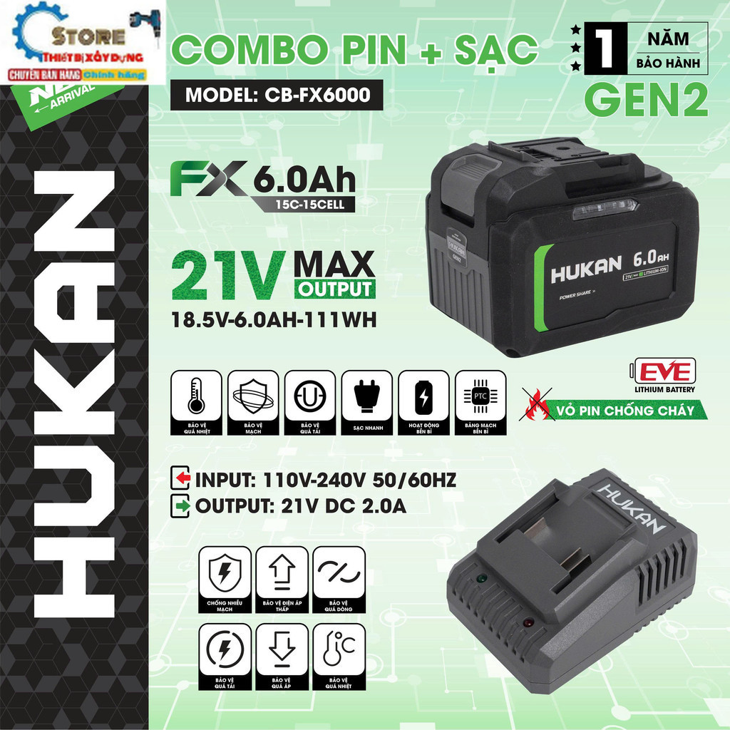 Pin Máy Khoan 15cell - Dòng xã cao  HUKAN CB- FX6000  , Dung Lượng 6Ah Store thiết bị HUKAN