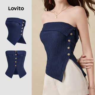 Lovito Boho Tank Top Nút Chia Mặt Trước Bất Đối Xứng Mùa Hè / Mùa Xuân Xe Tăng Hải Quân Cho Nữ L134ED065