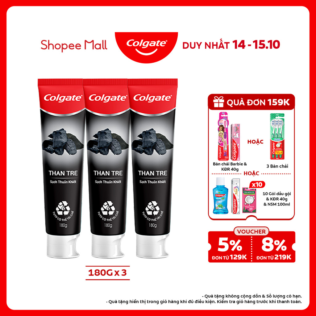 Bộ 3 Kem đánh răng Colgate thiên nhiên Than tre khử mùi diệt khuẩn 180g