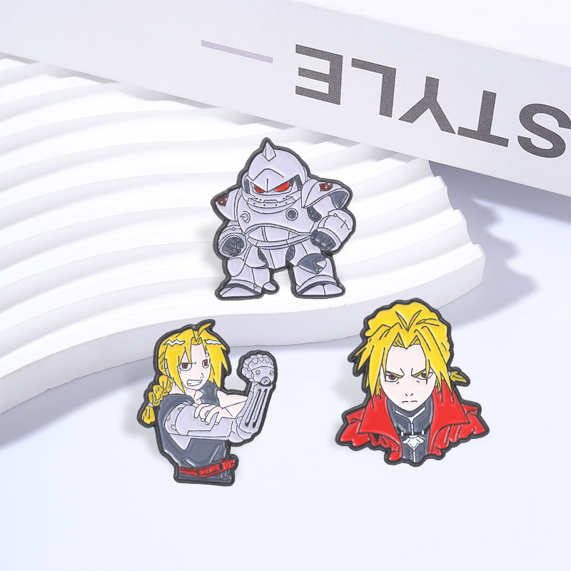 Fullmetal Alchemist Men Pin Edward Elric Cánh tay kim loại & Chân dung áo khoác đỏ, Huy hiệu ve áo g